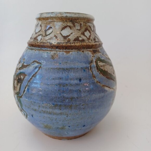 Our Gang Pottery Vase Blue Butterfly Hand Crafted Folk Art - Picture 8 of 10